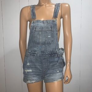 Distressed denim overall shorts